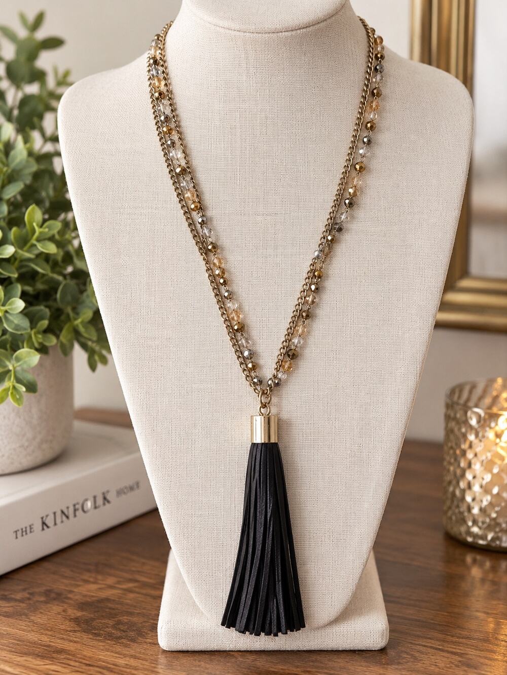 Natasha Necklace Gold Tone Clear Rhinestone Black Tasseled Chain